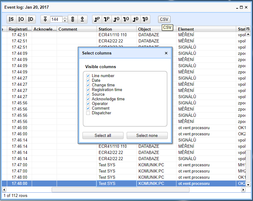  Event Log - select visible columns